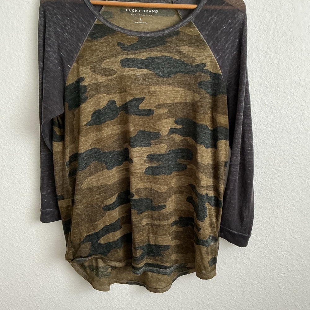 Lucky Brand Olive and Charcoal Camouflage Top